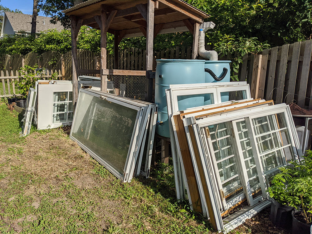 recycled windows for the new greenhouse